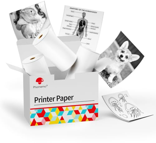 Phomemo Thermo-Graustufen-HD-Druckpapier, Weiße Selbstklebende Thermopapierrolle Kompatibel mit P2S Mini-Thermofotodrucker, 50 mm x 3,5 m, 3 Rollen