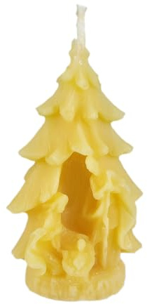 Bienenwachskerze Tannenbaum Kerze 9 cm Krippe Weihnachten — handgegossene Krippen-Szene am Baumfuß, Made in Germany
