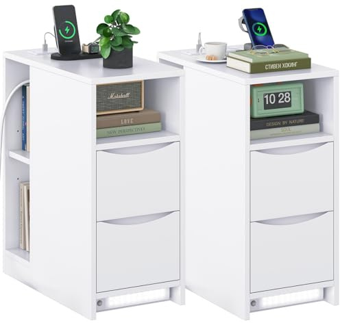Brinlawb Slim Bedside Tables Set of 2 with Charging Station (2 AC Sockets, 1 USB-A & 1 USB-C Port) and Under-Cabinet Lights with Motion Sensor, Narrow Bedside Table, Drawer and Open Compartment, White