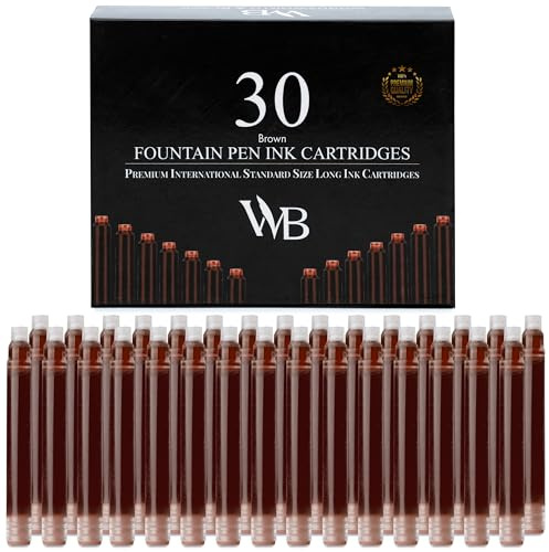 Wordsworth & Black Fountain Pen Ink Cartridge Refills, 30 Pack, Brown | Fits Most Pens, International Standard Size, Smooth Flow, Quick-Drying, Journaling Calligraphy, Generic Disposable, Vegan