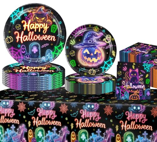 Glow Neon Partygeschirr Set,Geburtstag Party Geschirr, Neon Glow in the Dark Papier Geschirr, für Geburtstag Party Supplies Halloween (A)