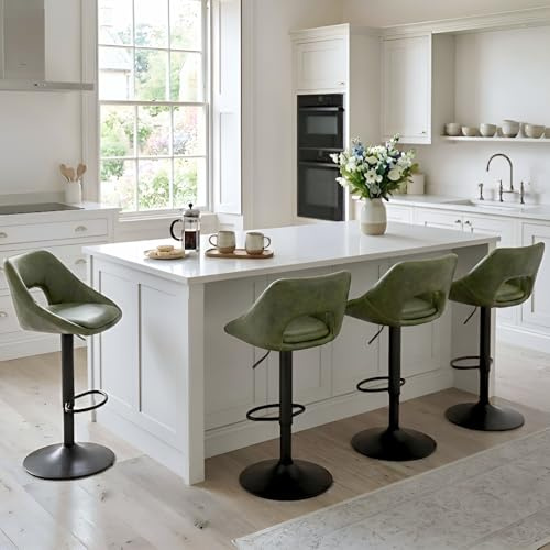 DAYALANE Juego de 4 taburetes de bar giratorios de piel sintética para desayuno, sillas de altura ajustable con respaldo y reposapiés, taburete de isla de cocina para el hogar, cocina, color verde