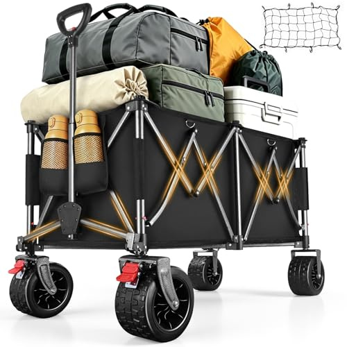160L Festival Trolley on Wheels, Beach Camping Trolley Heavy Duty, Large Folding Wagon Loads Up to 550LBS, Portable Foldable for Outdoor Garden Shopping Fishing Cart, Ultra Wide Wheels, Classic Black | Large Folding Wagon Loads Up to 550LBS for Outdoor Garden Shopping Fishing Cart, Ultra Wide Wheels, Classic Black