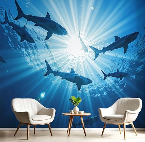 Fototapete Schlafzimmer Meereslebewesen Unterwasser Haie 3D Druck Vliestapete, ‎150x105cm (B×H) Wandtapete Wandbilder, für Wohnzimmer, Kinderzimmer, TV Hintergrund Blau Tapete