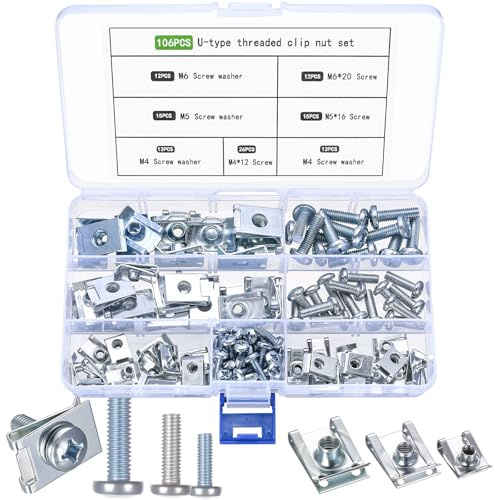 106 Pcs Grapas Coche Metalicas, grapas y tornillos carroceria coches, U clips metálicos, abrazadera puerta tipo u, grapa metalica coche, grapa de sujeción para coches, molduras puertas y salpicadero