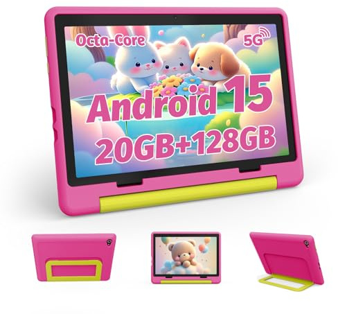 Ainmel 10 inch Kids Tablet with Case, Android 15 Tablet for Kids Ages 3-12 Years, 20GB+128GB(1TB TF Expand), Octa-Core Processor, Parental Controls, WiFi 6, BT5.3,Preloaded Edu Apps (Pink)