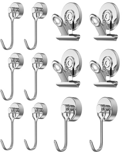 BYSMAH 12pcs Heavy Duty Magnetic Hooks & Clips for Cruise Cabins, Silver | 8 Neodymium Hooks & 4 Clips, Magnetic Wall Hangers For Cruise Fridge Garage Camping & Office Organization