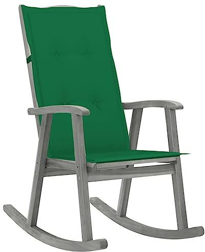 TUERYAFEK Vintage Schaukelstuhl aus massivem Akazienholz mit hoher Rückenlehne und Grauer Auflage, wasserdichtes Polyester, für Wohnzimmer und Terrasse, max. 110 kg