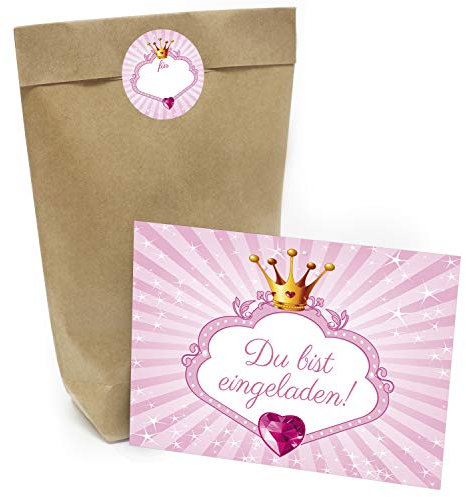 Praktisches Kindergeburtstag Set mit 8 Geschenktüten (Party-Tüten), Einladungskarten, Umschlägen und Aufklebern Motiv: Prinzessin Rosa Diamant für Mädchen