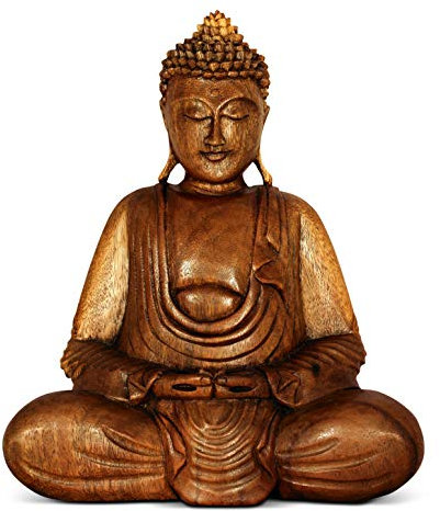 G6 Collection Holz-Buddha-Statue, handgefertigt, meditierende Skulptur, Holzfigur, dekorativer Akzent, rustikal, moderne orientalische Dekoration, Hände im Schoß-Buddha (40.6 cm hoch)