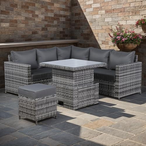 Club Rattan High Back Compact Corner Sofa Set with Rising Table (Grey)