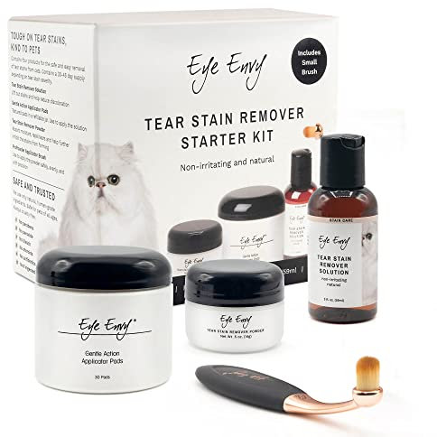 Eye Envy Cat Tear Stain Remover Starter Kit with ProPowder Brush | Stain Solution, Applicator Pads, Stain Powder and Small Applicator Brush | Lasts 30-45 Days