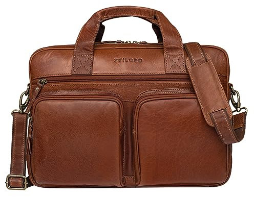 STILORD 'Caesar' Businesstasche 15,6 Zoll Leder Große Umhängetasche Aktentasche für Breite DIN A4 Ordner Laptoptasche für Arbeit Büro Uni Aufsteckbar Echtleder, Farbe:cannes - braun