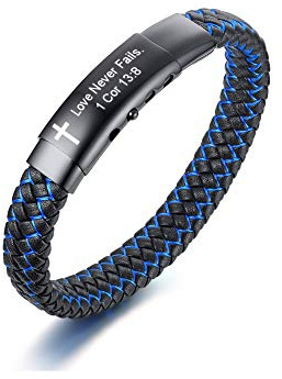 PJ JEWELLERY Bibelvers Inspirierend Christliche Zitate Lederarmband Personalisierte Glaubensschrift Kreuz Motivierend 2-Ton Blau Geflochtenes Armband Für Männer Junge Religiöses Geschenk