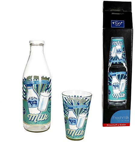 MamboCat Milchflaschen Set Premium Milk I Flirt Milchglasflasche 1 L mit Schraubverschluss und 310 ml Trinkglas mit Motiv I Designer Weithalsflasche Trinkflasche I Leere Flasche zum Befüllen 1000ml