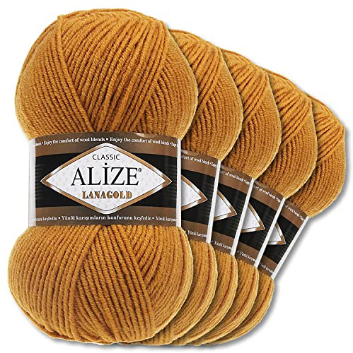Alize 5 x 100 g Lanagold Wolle | 53 Auswahl | Stricken Häkeln Wolle (645 | Senf)