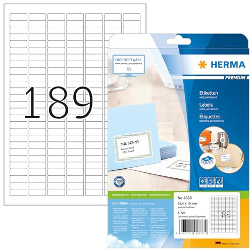 HERMA 4333 Universal Etiketten, 800 Blatt, 25,4 x 10 mm, 189 pro A4 Bogen, 151200 Stück, selbstklebend, bedruckbar, matt, blanko Papier Klebeetiketten Aufkleber, weiß