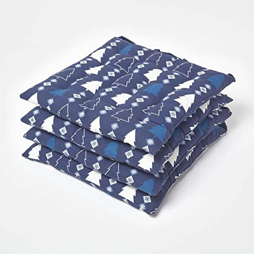 HOMESCAPES Juego de 4 cojines para sillas de comedor con diseño de árbol de Navidad, 100% algodón, 40 x 40 cm, color azul