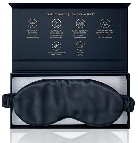 Andromeda Masque de sommeil 100% soie naturelle biologique | Bandeau de nuit occultant pour protéger les yeux de la lumière | Cadeau pour femme et homme | Cache yeux pour dormir en avion | Noir