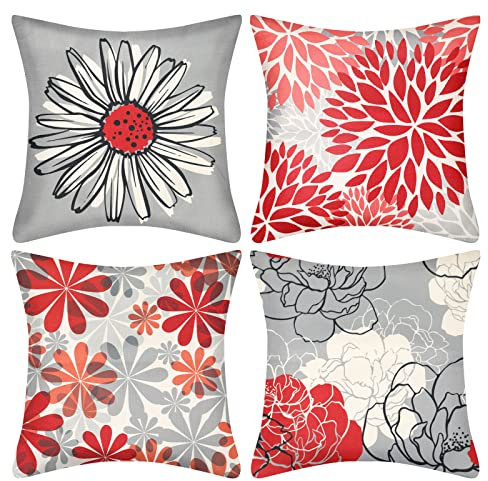 Cheekywares Kissenbezug Weihnachten Rot Zierkissenbezüge Leinen 45 x 45cm Kopfkissenbezug Quadrat Kissenhülle Blumenmuster Gänseblümchen Deko für Sofa Bett Zuhause Büro Couch Wohnzimmer 4er Set