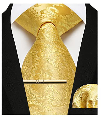 Enlision Herren Krawatten und Einstecktuch krawattenklammer Set Gelb Paisley Krawatte Taschentuch Krawattennadel Für Männer Business Hochzeit,Gelb,Einheitsgröße