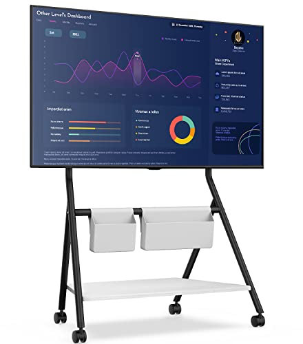 FITUEYES Design Mobiler TV Ständer Rollbar, TV Stand für 55 60 65 70 75 78 Zoll TV bis 45kg, Höhenverstellbar TV Standfuss mit Metallstruktur & Holzablage, Für Geschäft Büro Schule, Collector Serie