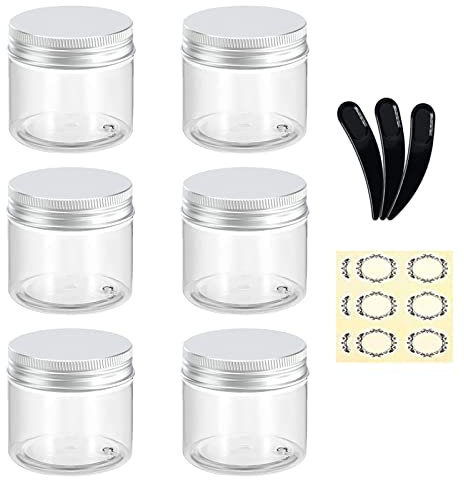 Alledomain 6Pcs 60ml/60g Empty Plastic Jars Round Clear Cosmetic Slime Containers with Inner Liner & Aluminum Lids, Included 3 Mini Spatulas & 12 Labels for Lotion/Cream/Makeup/Sample Travel Storage