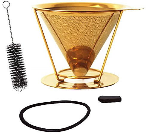 Kaffeefilter, Permanent Pour Over Coffee Dripper Paperless Drip Cup, Edelstahl Kaffeefilter mit Halter für manuelle Kaffeemaschine, Mesh Cone Filter (Golden)