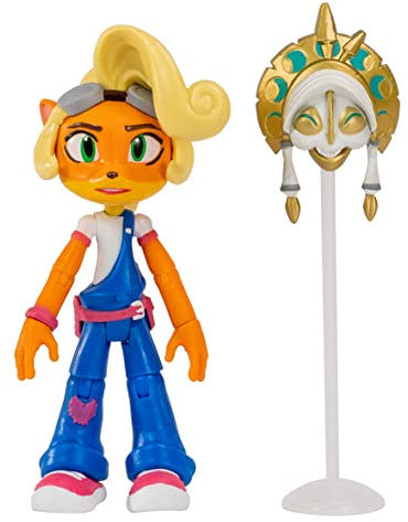 BANDAI Crash Bandicoot Actionfiguren Coco Bandicoot mit Maske, 11 cm, Coco Bandicoot Spielzeug mit Maske und Ständer, Zubehör, Sammelfiguren als Merchandise- und Videospiel-Geschenke, Blau, Weiß