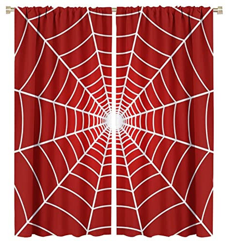 Hero Spinnennetz-Fenstervorhänge für Kinder, weißes Spinnennetz, rote Vorhänge, Verdunkelungsstange, Taschenfenster, Behandlungen für Jungen, Mädchen, Baby, Kinderzimmer, Kleinkind, Kinderzimmer,