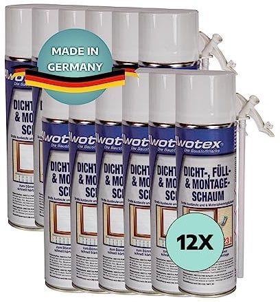AWOTEX 12 x Montageschaum B2 500 ml 1-K I Bauschaum Dämmschaum ohne FCKW & HFCKW I Klebeschaum für Dämmplatten I Montageschaum außen I Montageschaum Türzarge I Überstreich- & überputzbar