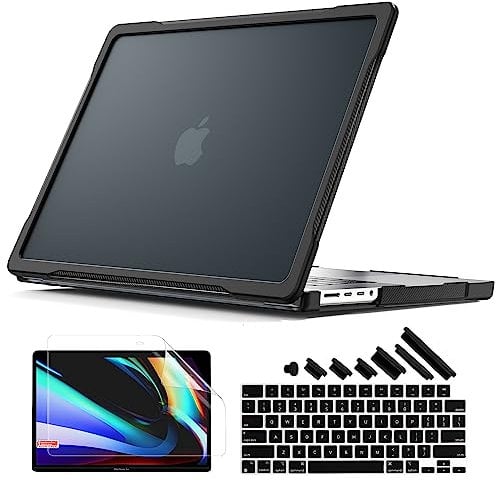 Batianda Ultimate Protection Case for New MacBook Pro 14 M4 M3 M2 Pro Max Chip 2024 2023 2021 Matte Carbon Fiber Edges Shockproof Anti-Scratch and Anti-Fingerprint with Keyboard Cover Protector,Black