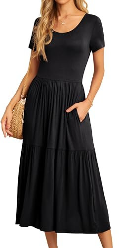 GRECERELLE Womens Summer Maxi Dress Casual Short Sleeve Crew Neck Swing Flowy Tiered Party Dresses with Pockets for Weddings, Holidays (Black, L)