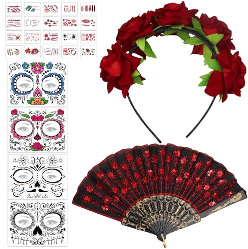 Leonshco Halloween Tag Der Toten Haarreif, Dia De Los Muertos, Mexikanisches Blumen-Haarreif, Kostüm Mit Gesichts-Tattoo Und Spitze Handfächer für Karneval Cosplay-Kostümparty