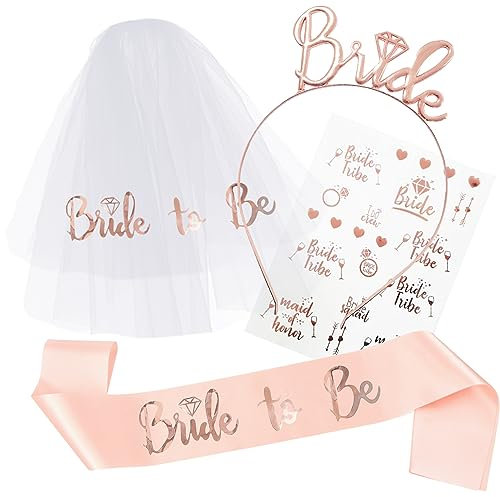 TOPWAYS Addio al Nubilato e Celibato Decorazione Set, Gadget Addio al Nubilato Sposa Bride to be Sash Decorazione Fascia e Velo da Sposa Accessori per Addio al Nubilato Sposa (Bride Oro Rosa)