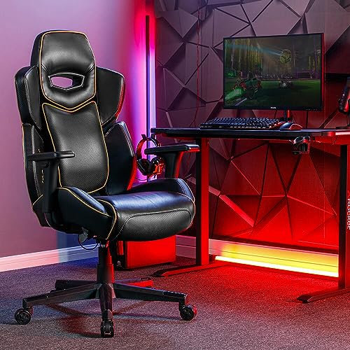 X-Rocker Drogon PC Chair, Ergonomic Racing Office with 3D Armrest, Computer Swivel Gaming Chair with Lumbar Support Cushion, Adjustable Height, Wide Seat with Faux Leather - BLACK/GOLD