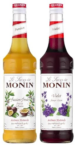 MONIN - Assortiment Sirop Fruit de la Passion & Sirop Violette - Pour Prosecco, Cocktail, Thé Glacé, Limonade - Arômes Naturels - Bouteille en Verre - 2 x 70 cl