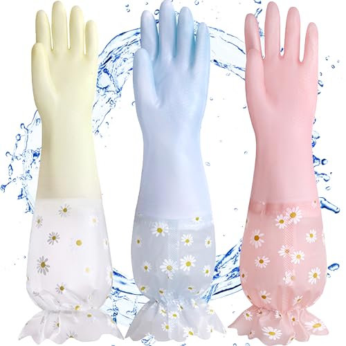 XFLYP 3 pares PVC Guantes de Lavado sin Látex, Forro de Algodón, Brazo Largo, Reutilizable para Lavar Platos Limpieza de la Cocina Hogar,Coche, Baño (Amarillo + Rosa + Azul)