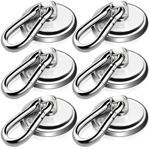 Pack of 6 Magnetic Hooks Extra Strong Neodymium Magnets with Hooks, 36 mm 35 kg Neodymium Magnetic Hooks with Rotating Carabiner, Strong Carabiner Magnetic Hooks, 360° Rotate Magnetic Force Strong