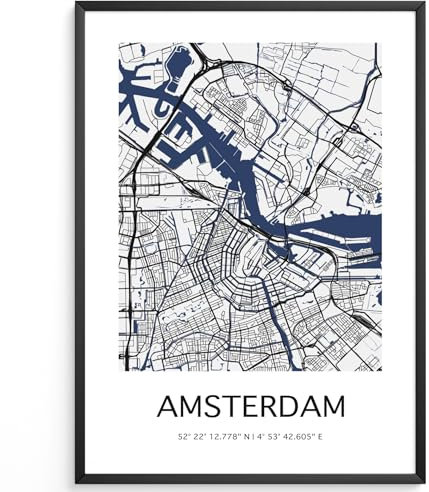 MJ-Graphics - Stadtkarte-Poster Amsterdam - Bild mit schöner Karte & Koordinaten | Wandbild Din A4 in Galerie Qualität mit extra dickem 300g Posterpapier - FineArt Kunstdruck ohne Bilderrahmen