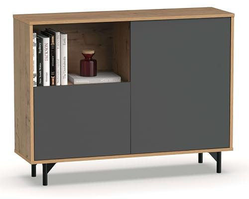 MUEBLES PITARCH Anori Sideboard für Wohnzimmer, Esszimmer, mit Beinen, Farbe: Eiche, Gold und Grau, 112 cm