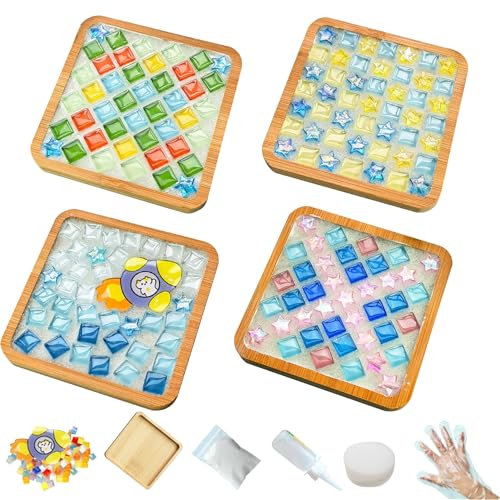 Pasdrucn 4 Stück DIY-Mosaik-Untersetzer-Set, Mosaik Untersetzer Bastelbedarf, Mosaik Bastelset Kinder Erwachsene, Porzellan-Mosaik -Kit Für Die Herstellung Von Untersetzern (Quadrat)