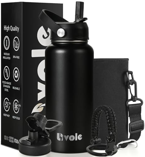 Livole Stainless Steel Water Bottle for Women, Men, 32oz 950ml Insulated Water Bottles for Sports, Gym, Travel, Climbing, Vacuum Metal Water Bottle with Straw and 2 Lids, Bottle Carrier, Black