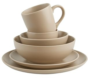 Sallys 12 teiliges Silky Glaze Geschirr-Set aus hochwertigem Porzellan, Mikrowellengeeignet und Spülmaschinengeeignet, Tafelservice, Schüssel und Teller Set (Desert Beige)