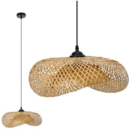 ekobi Hängelampe Rattan-Pendelleuchte im Boho-Stil E27 Bambus Wohnzimmer Pendelleuchte Rattan Esstisch Esszimmer Lampe Hängeleuchte Farbe: Natur (BRUGIA M)