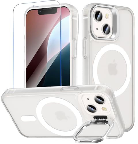 OWKEY Magnetisch für iPhone 13/12 Mini Hülle mit Ständer,Durchscheinend Matt Schutzhülle mit Panzer Schutz Glas,Kompatibel mit MagSafe,Militär Fallschutz Stoßfest Handyhülle,Halbtransparent
