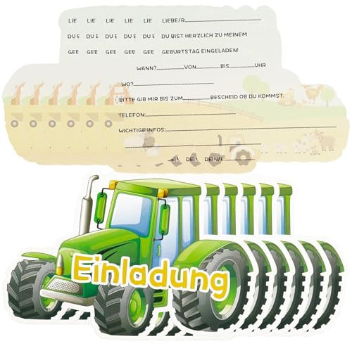 Qianfeng 12 Pcs Einladungskarten Kindergeburtstag Junge,Deutsche Geburtstag Traktor Jungen,Bagger Bauernhof Einladung,Einladungen Geburtstags,Geburtstagseinladungen Geschirrset,Traktor-Einladung