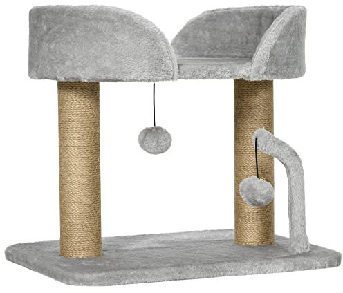 PawHut Árbol Rascador para Gatos Pequeños Altura 42 cm Árbol para Gatos con Nido Bolas Colgantes y Postes de Sisal 48x38x42 cm Gris Claro