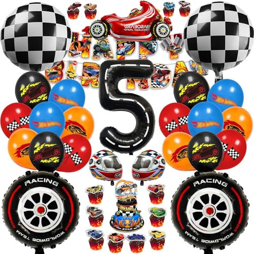 Chingcoo 54 Stück Hot Whels Geburtstags Deko 5 Jahre Junge, Hot Whels Geburtstag Party Set, Auto Geburtstagsdeko Rennwagen Geburtstagsdeko Wheels Luftballons für 5 Jahre Junge Geburtstag Party