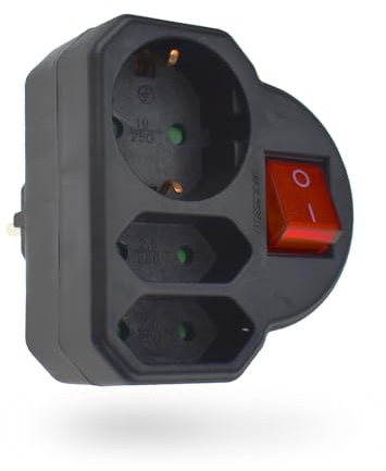 feletec 3-fach Steckdosenadapter 1x Schuko, 2x Euro, schwarz, mit Schalter, Mehrfachstecker, Mehrfachsteckdose